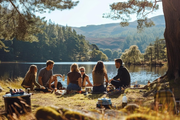 Photo friends laugh and chat while enjoying a picnic next to a serene lake a group of friends laughing and enjoying a picnic by a tranquil lake