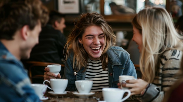 Photo friends laughing at cafe gathering