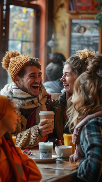 Photo friends laughing at cafe warm atmospherequot