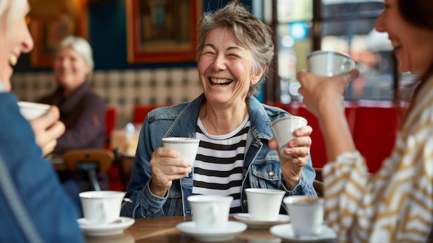 Photo friends laughing over coffee