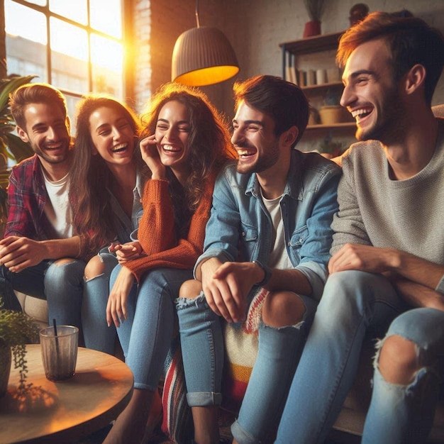 Friends laughing on a couch