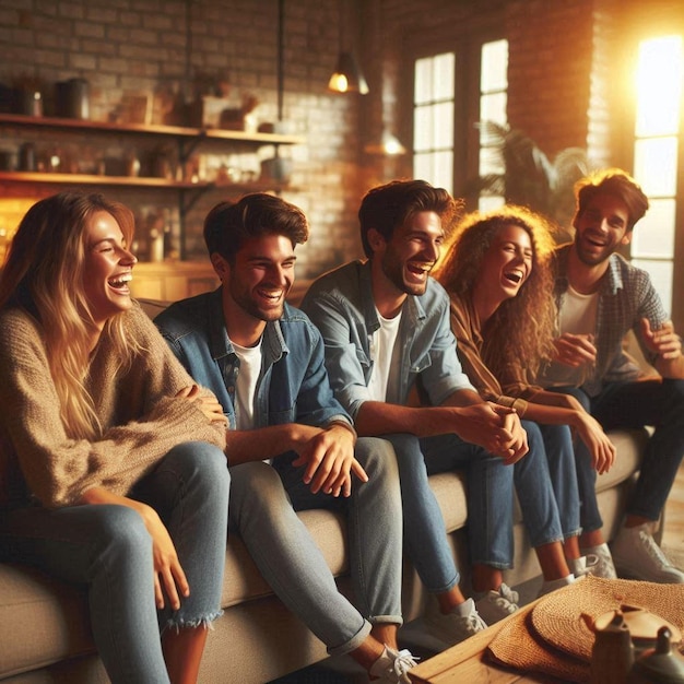 Friends laughing on a couch