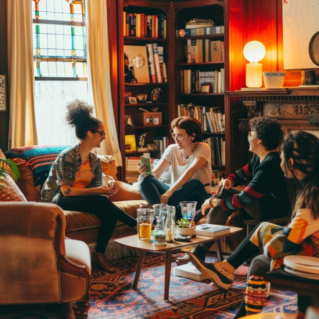 Photo friends laughing and enjoying drinks in a living room with a fireplace and bookshelves