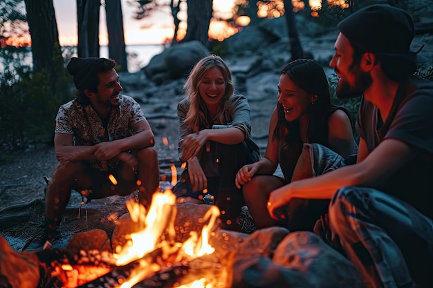 Friends Laughing and Sharing Stories Bonding Around the Warm Glow of a Campfire39s Embrace