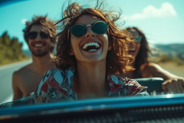 Photo friends laughing together on a road trip