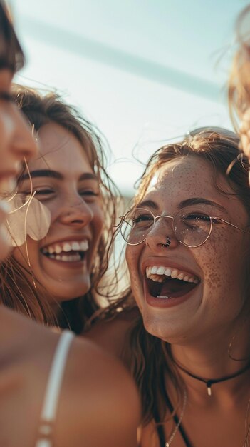 Photo friends laughing with sparkling eyes at the beach