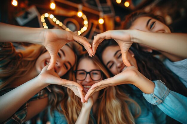 Photo friends making heart shape through glass