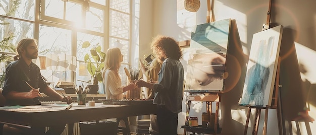 Friends Painting Together in a Sunlit Art Studio