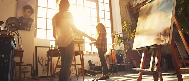 Photo friends painting together in a sunlit art studio