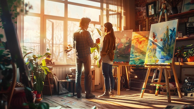 Friends Painting Together in a Sunlit Art Studio