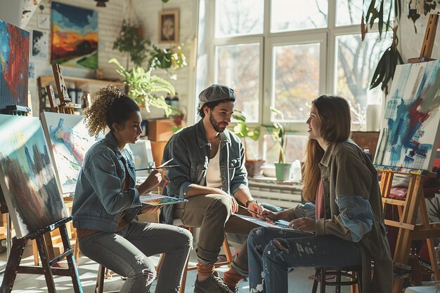 Photo friends painting together in a sunlit art studio