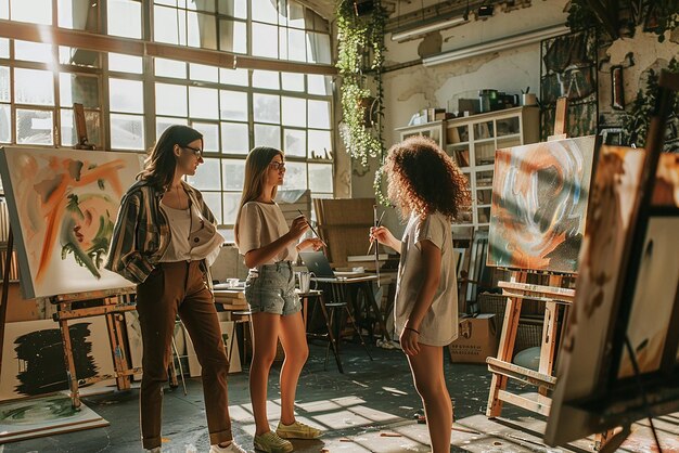 Photo friends painting together in a sunlit art studio