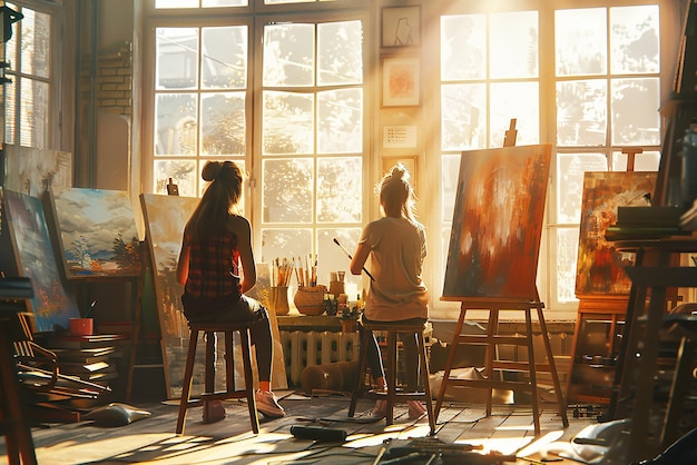 Friends Painting Together in a Sunlit Art Studio