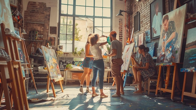 Friends Painting Together in a Sunlit Art Studio