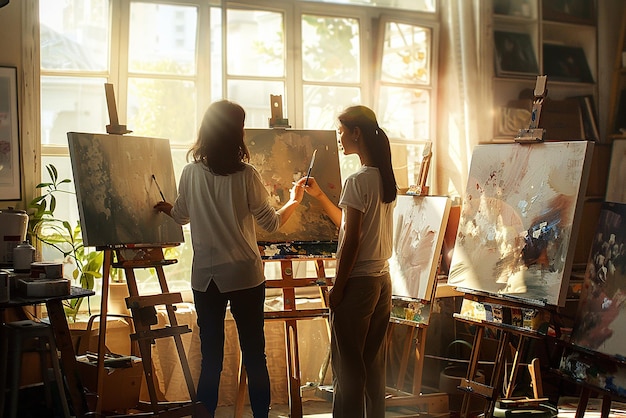 Friends Painting Together in a Sunlit Art Studio