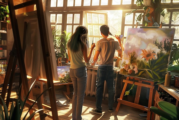 Photo friends painting together in a sunlit art studio