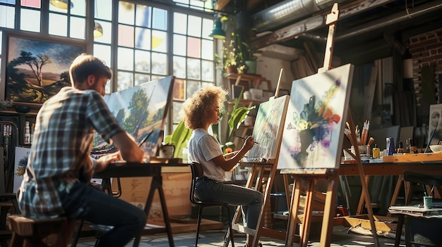 Photo friends painting together in a sunlit art studio