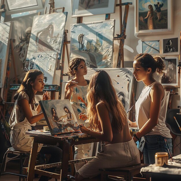 Photo friends painting together in a sunlit art studio