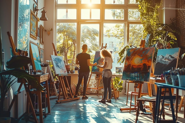 Friends Painting Together in a Sunlit Art Studio