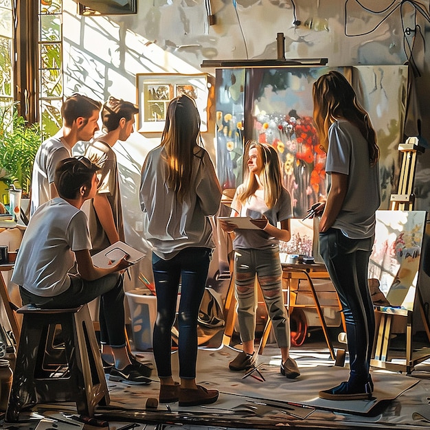 Photo friends painting together in a sunlit art studio