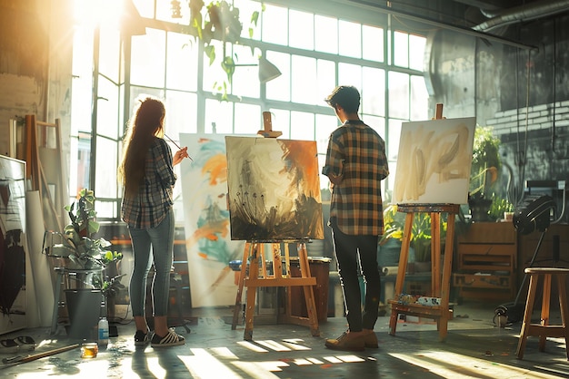 Friends Painting Together in a Sunlit Art Studio