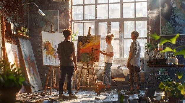 Friends Painting Together in a Sunlit Art Studio