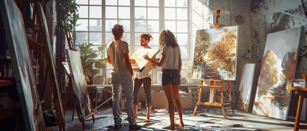 Photo friends painting together in a sunlit art studio