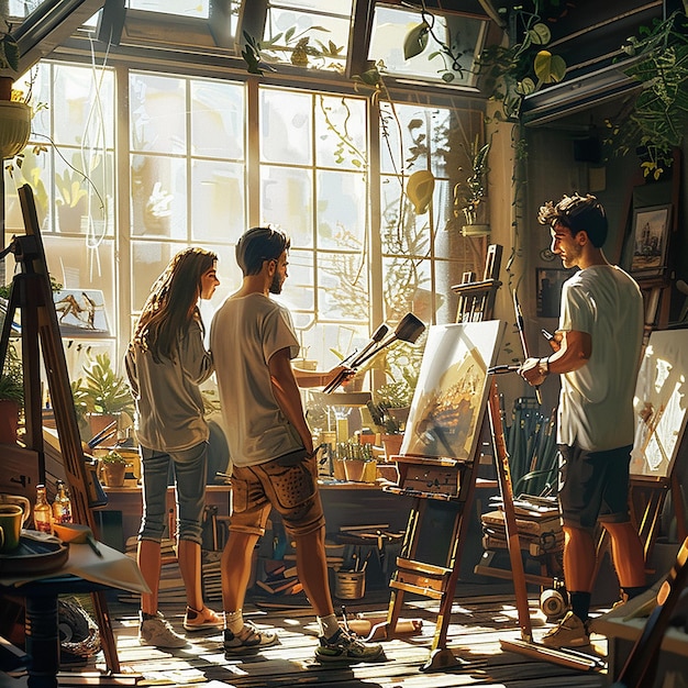 Photo friends painting together in a sunlit art studio