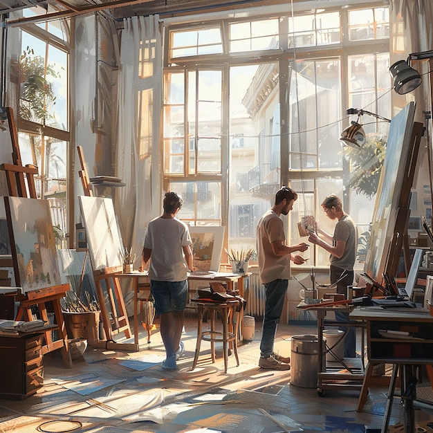 Friends Painting Together in a Sunlit Art Studio