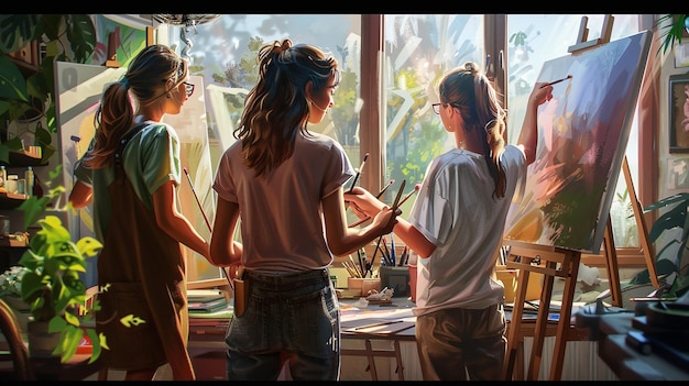 Photo friends painting together in a sunlit art studio