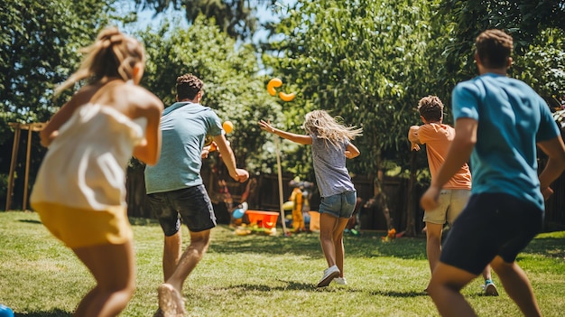 Photo friends play a game of catch in a sunny backyard