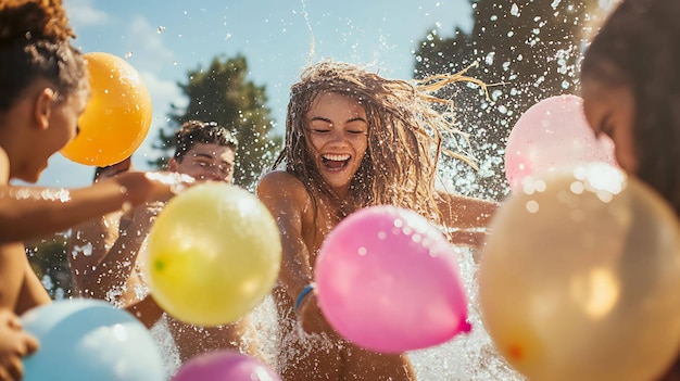 Photo friends play with water balloons on a sunny day