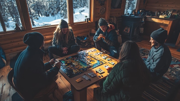 Photo friends playing board games in a cozy cabin