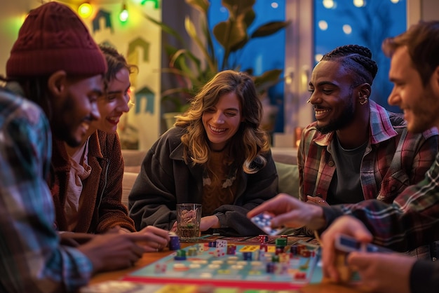 Photo friends playing board games at home