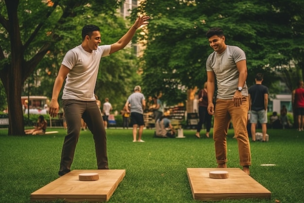 Photo friends playing cornhole at a summer party in the park