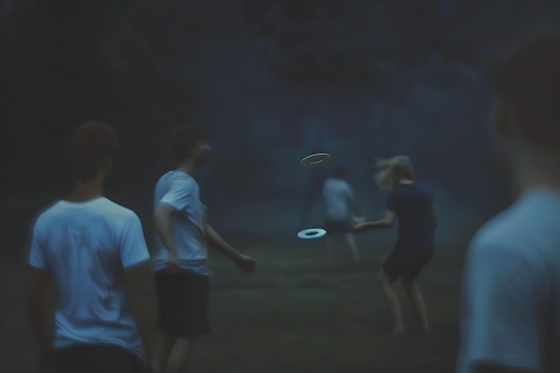 Photo friends playing frisbee at dusk