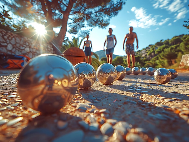 Photo friends playing a game of petanque at a summer festival in f neighbor holiday creative background