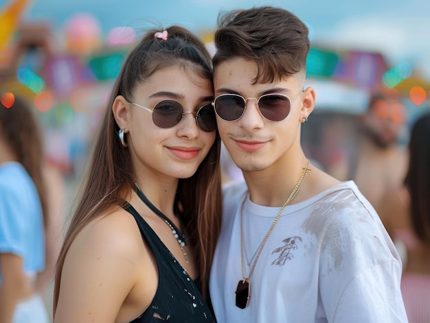 Friends Posing in Front of a Carnival Sign Capturing the Moment and Creating Memories at the