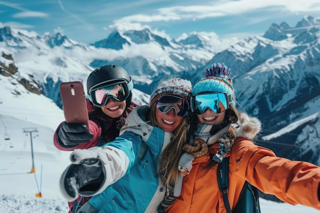 Photo friends posing for a selfie while snowboarding in the majestic mountains