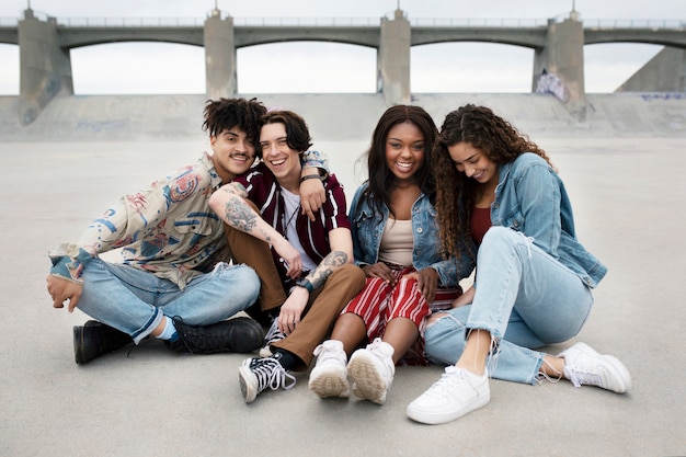 Friends posing while out in the city