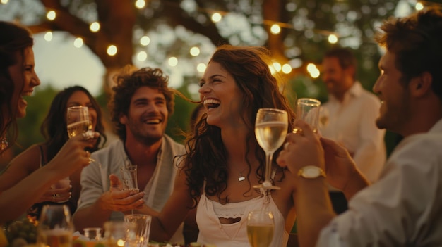 Friends raise their glasses in a cheerful toast at an outdoor dinner party with string lights at dusk