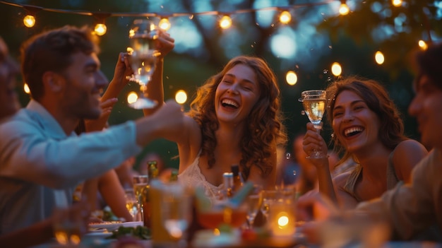 Friends raise their glasses in a cheerful toast at an outdoor dinner party with string lights at dusk