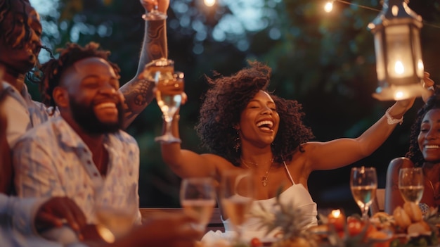 Friends raise their glasses in a cheerful toast at an outdoor dinner party with string lights at dusk