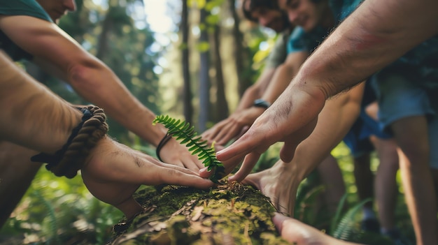 Photo friends reach out to touch a small plant growing on a mossy log in the woods