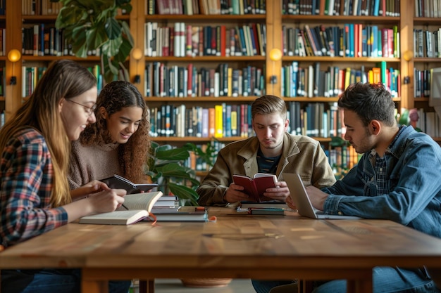 Photo friends reading books at table in library