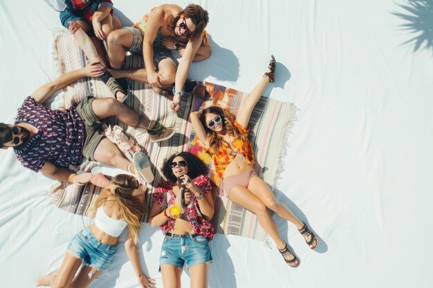 Friends Relaxing on Blankets at a Music Festival Against a White Background