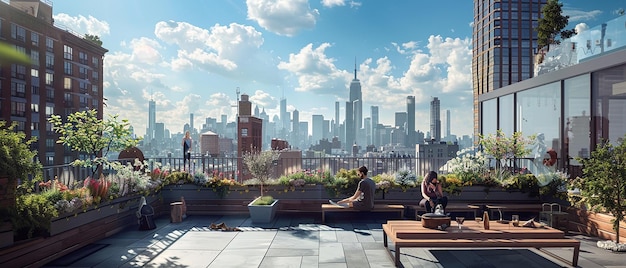 Friends Relaxing on a Rooftop Terrace with City Views