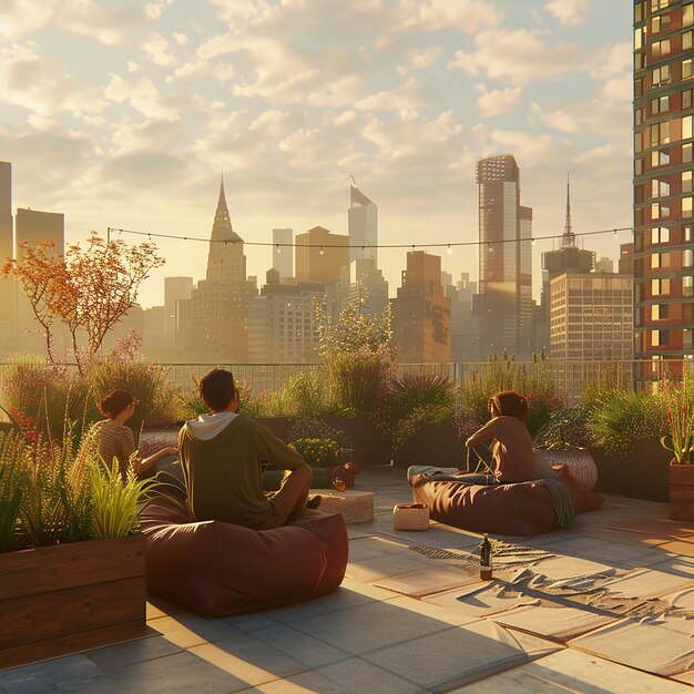 Photo friends relaxing on a rooftop terrace with city views