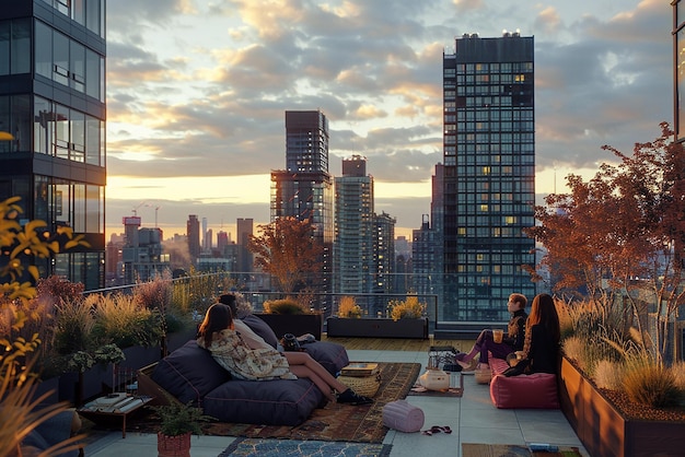 Friends Relaxing on a Rooftop Terrace with City Views