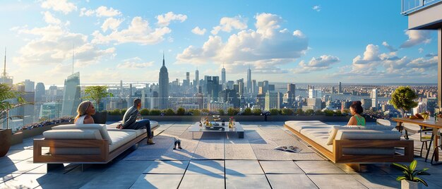 Photo friends relaxing on a rooftop terrace with city views